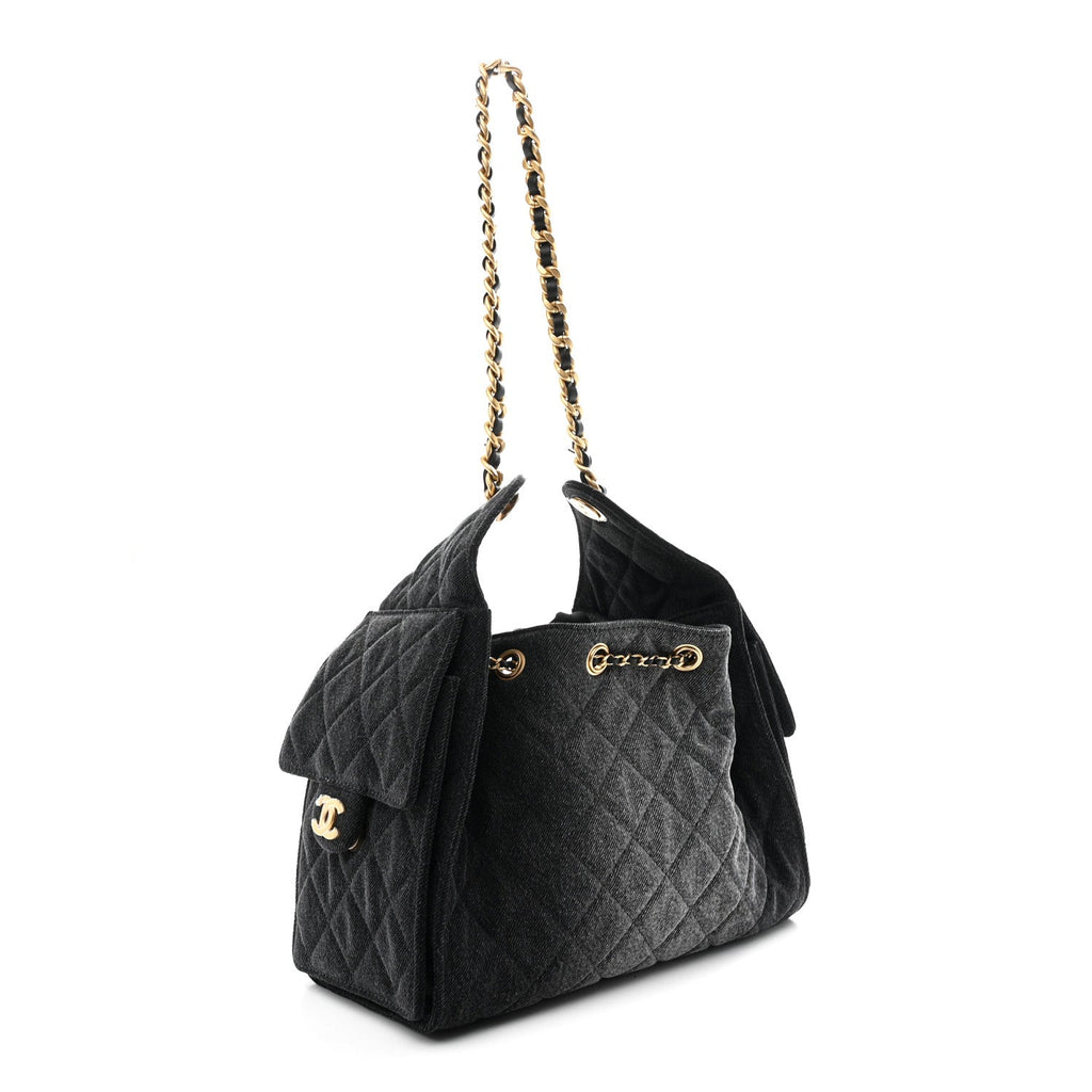 Washed Denim Quilted Small Chanel 25 Handbag Black