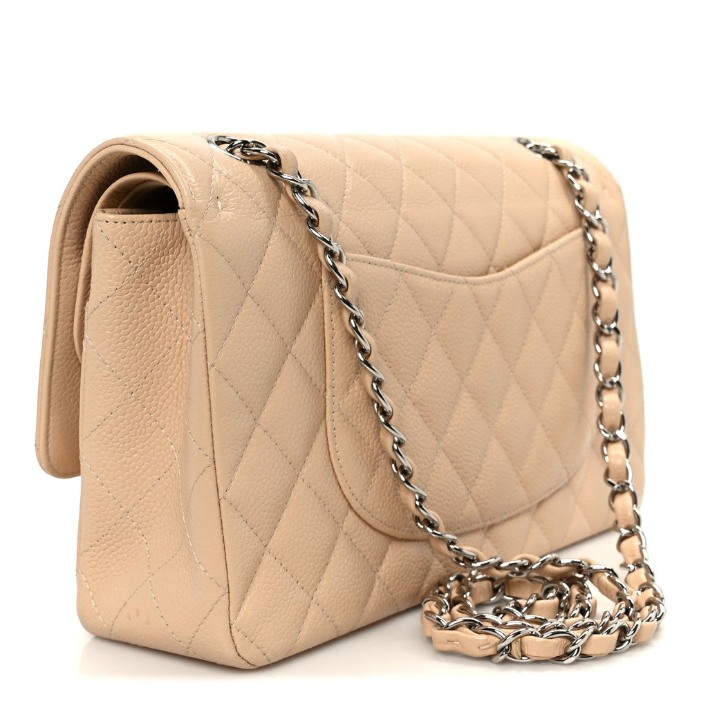 Caviar Quilted Medium Double Flap Beige