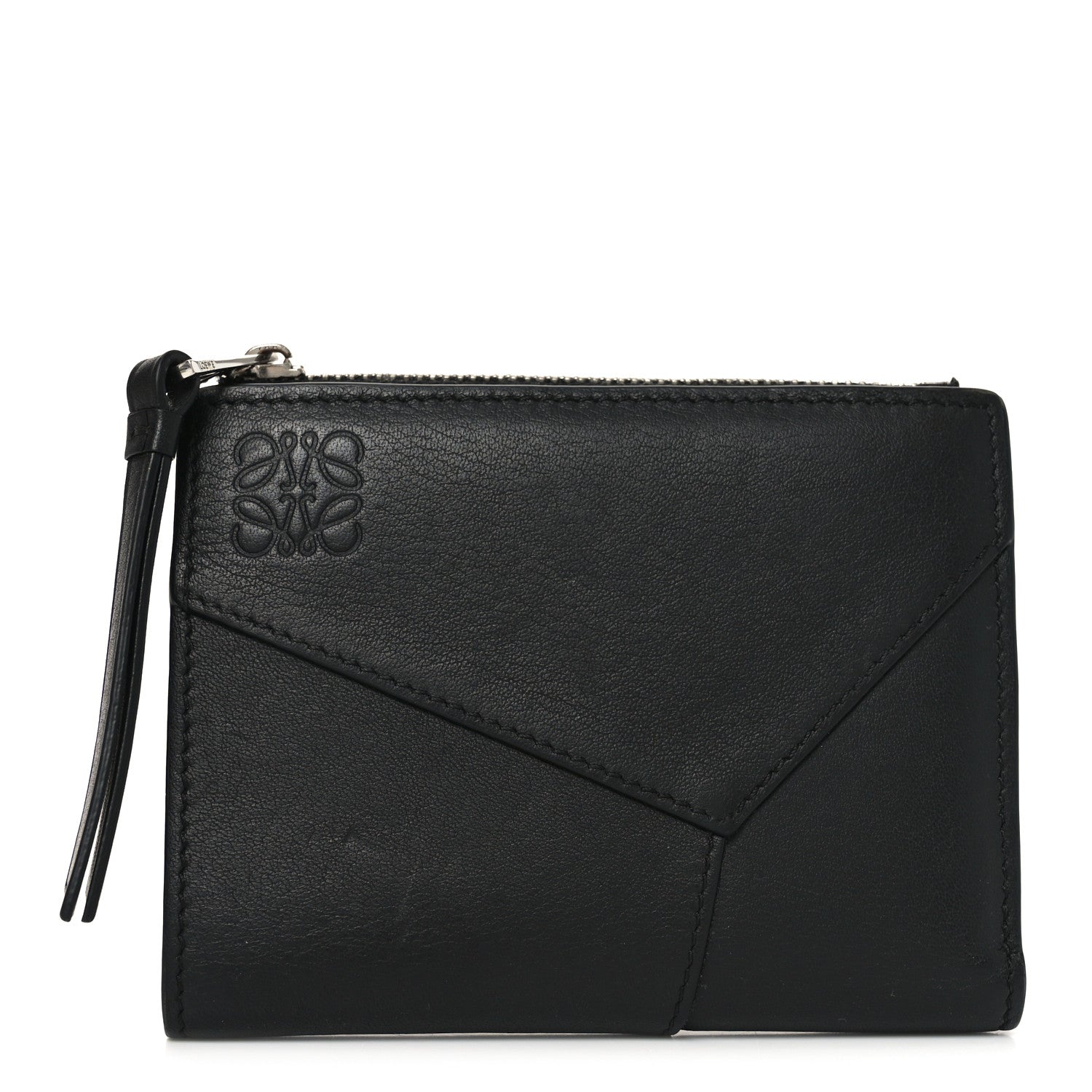Calfskin Puzzle Zip Slim Compact Bi-Fold Wallet Black