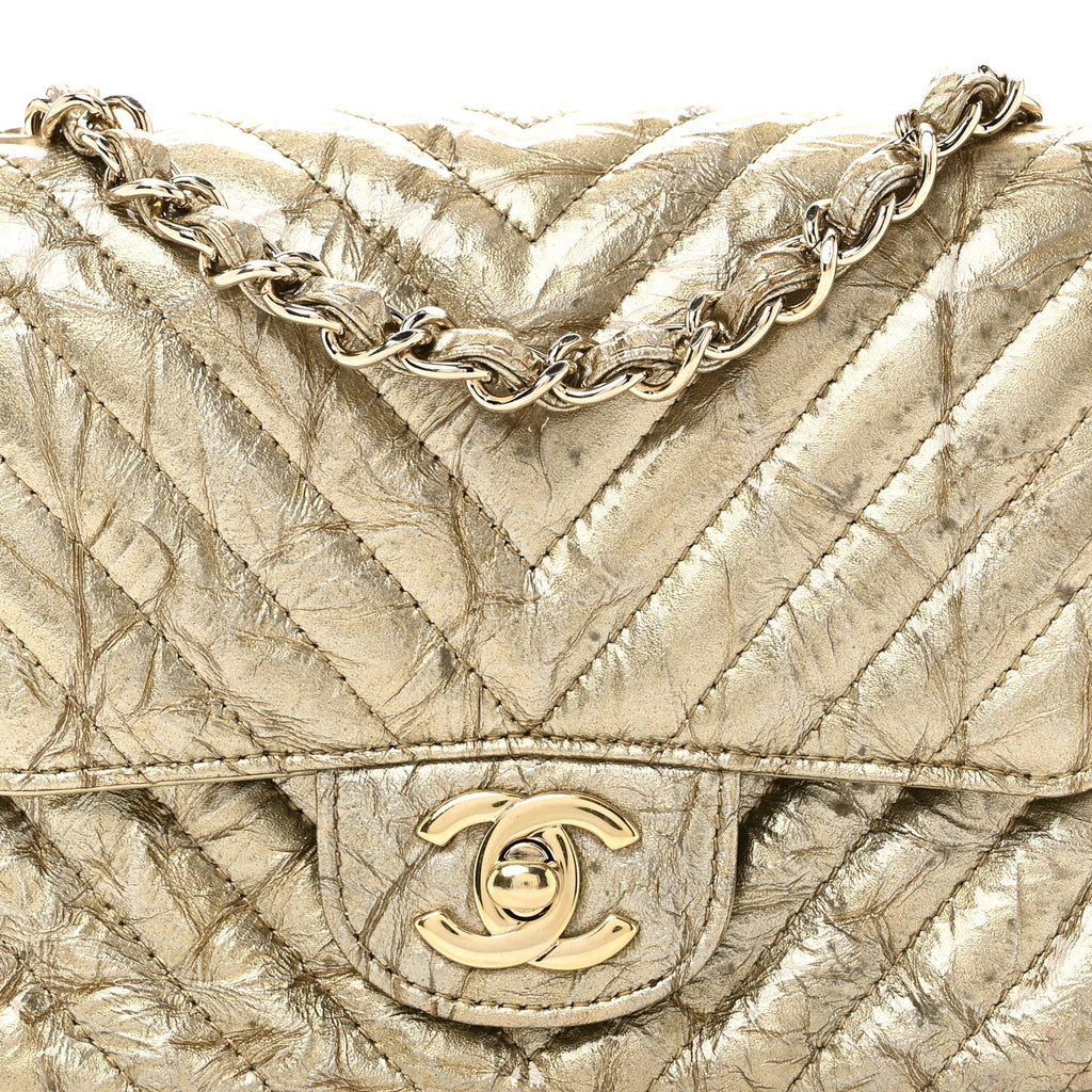 Patent Metallic Crumpled Calfskin Chevron Quilted Mini Square Flap Gold