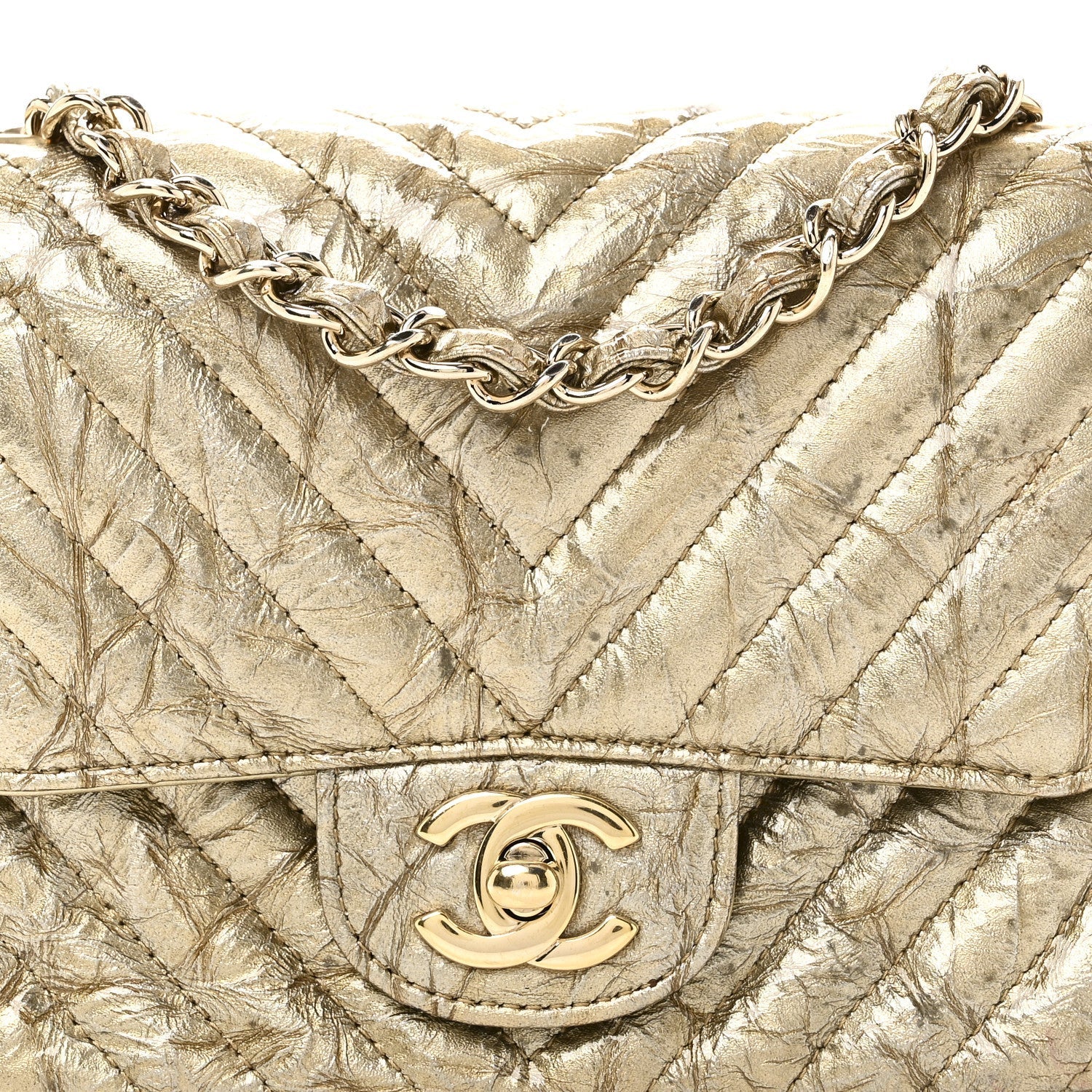 Patent Metallic Crumpled Calfskin Chevron Quilted Mini Square Flap Gold