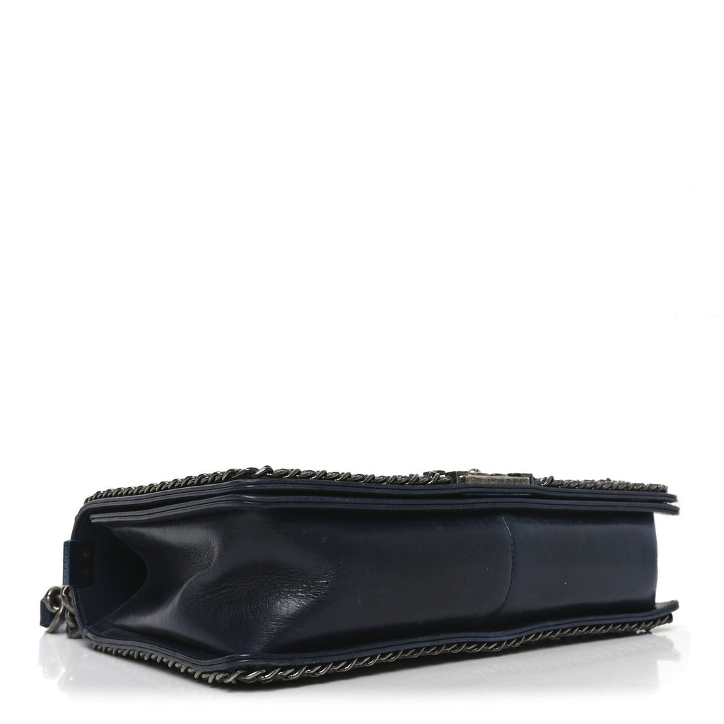 Glazed Calfskin Quilted New Medium Boy Chained Flap Navy