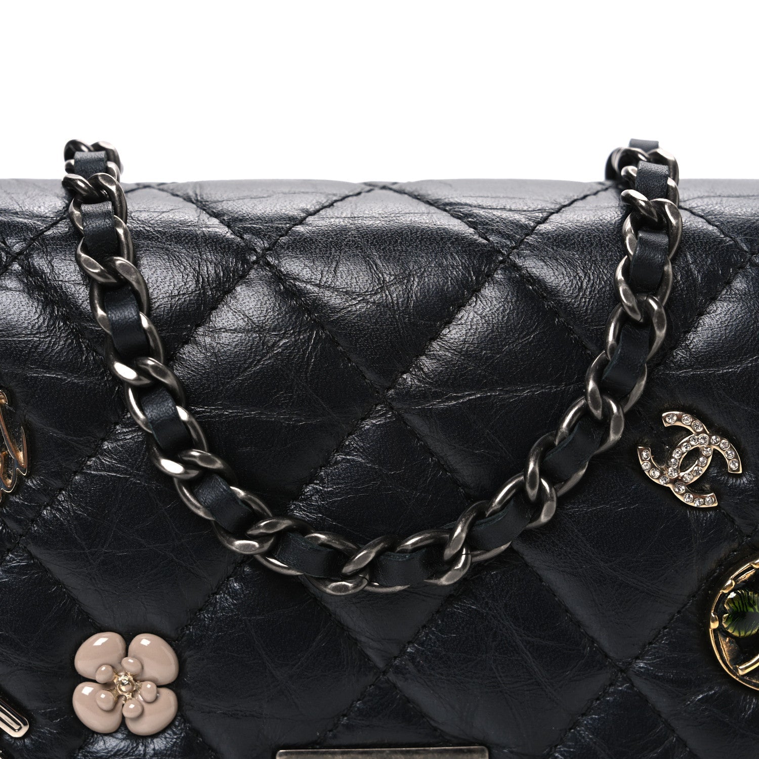Aged Calfskin Quilted Lucky Charms 2.55 Reissue Wallet On Chain WOC Black