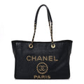 Straw Raffia Calfskin Chain Small Deauville Tote Black