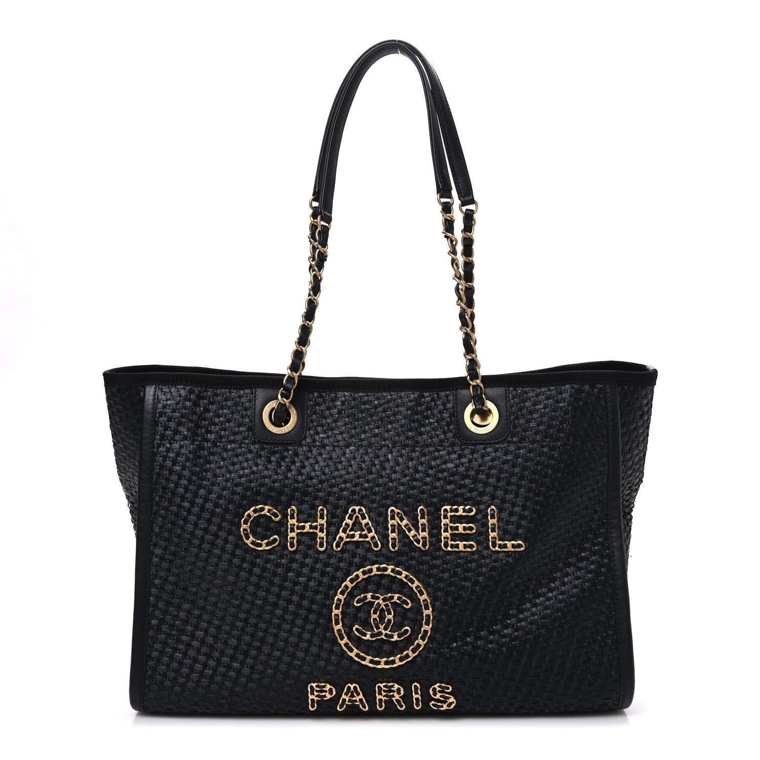 Straw Raffia Calfskin Chain Small Deauville Tote Black