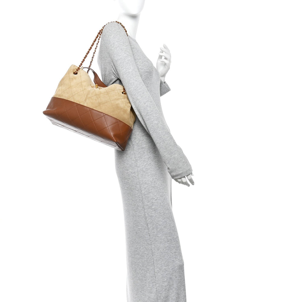 Suede Calfskin Shiny Lambskin Quilted Small Coco Base Shopping Bag Beige Camel