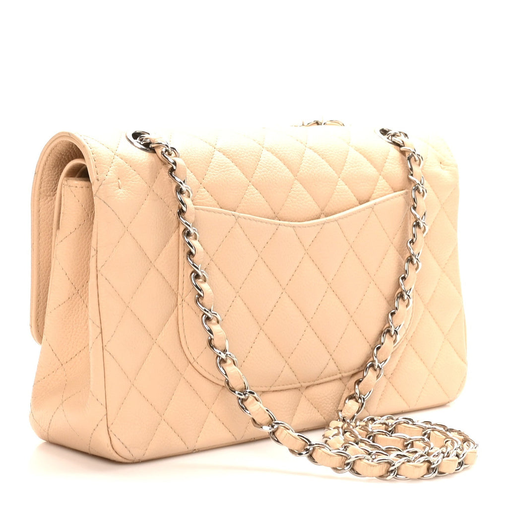 Caviar Quilted Medium Double Flap Beige