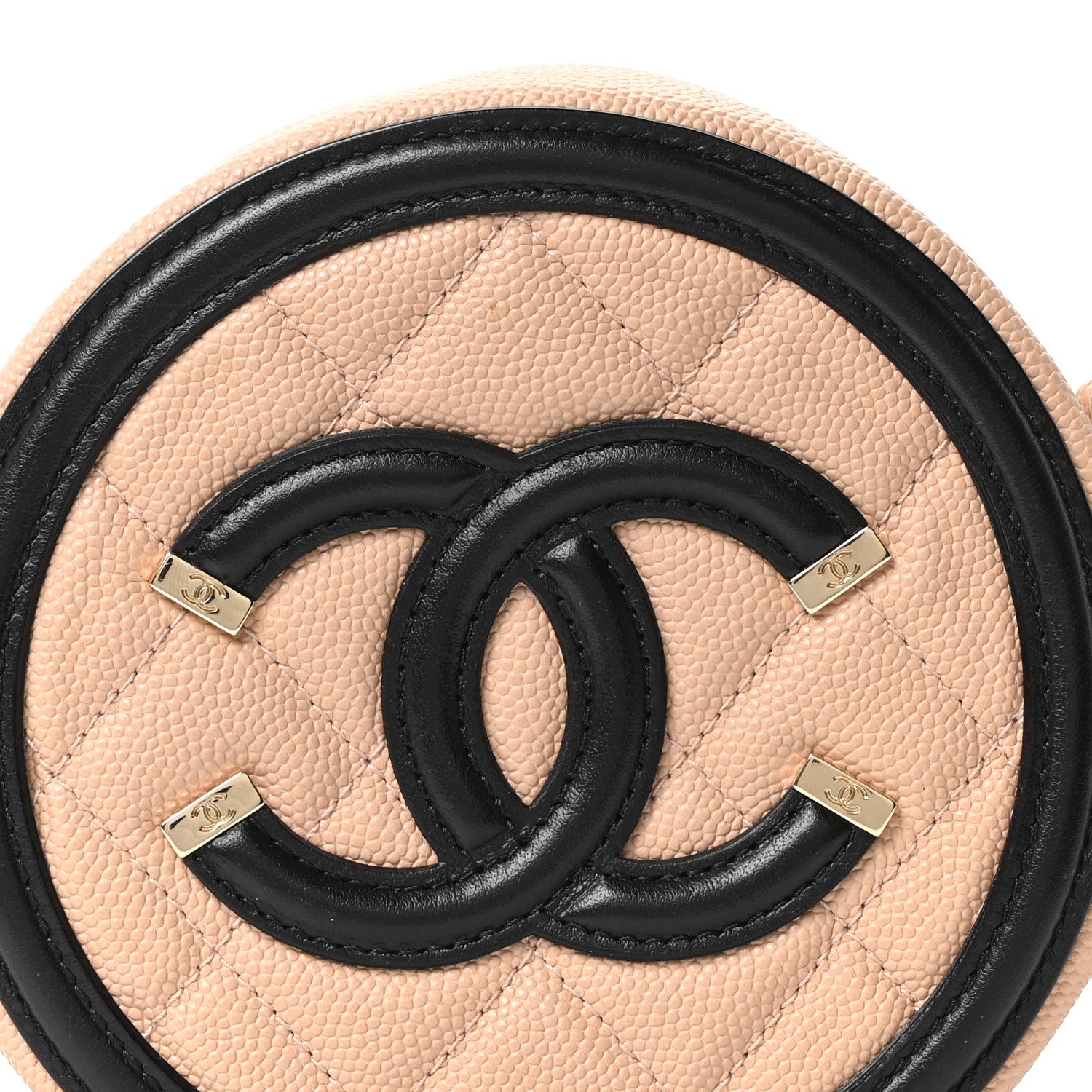 Caviar Quilted Round Filigree Crossbody Beige Black