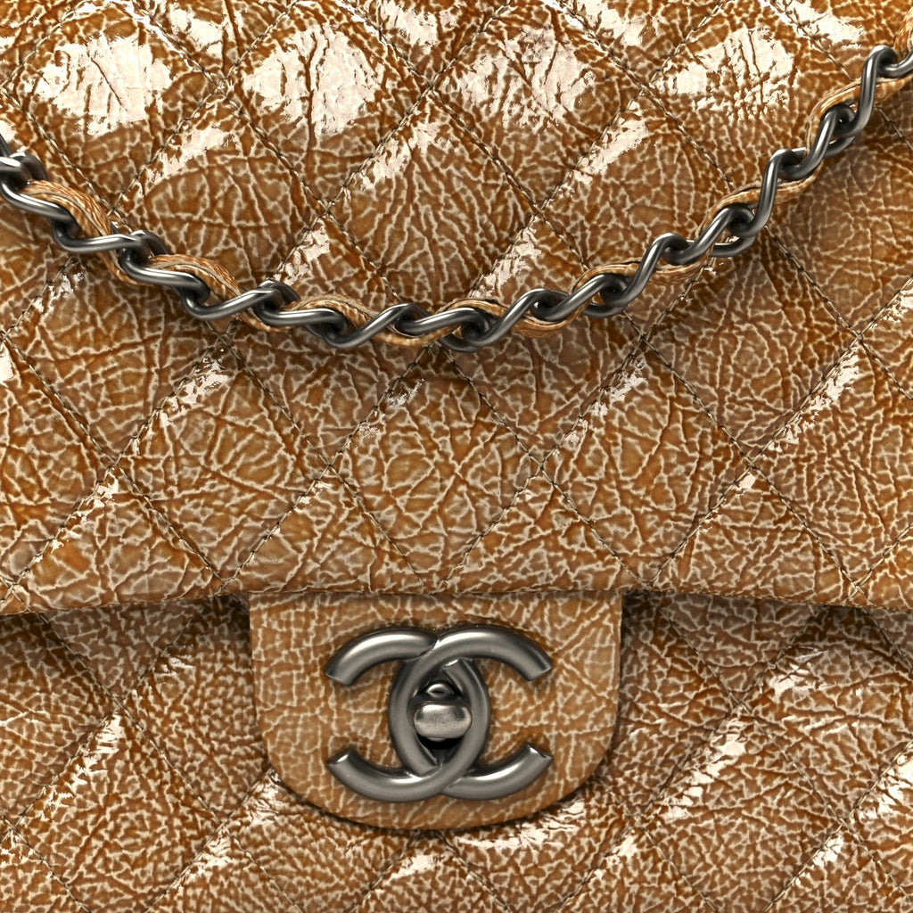 Crinkled Patent Quilted Medium Double Flap Beige