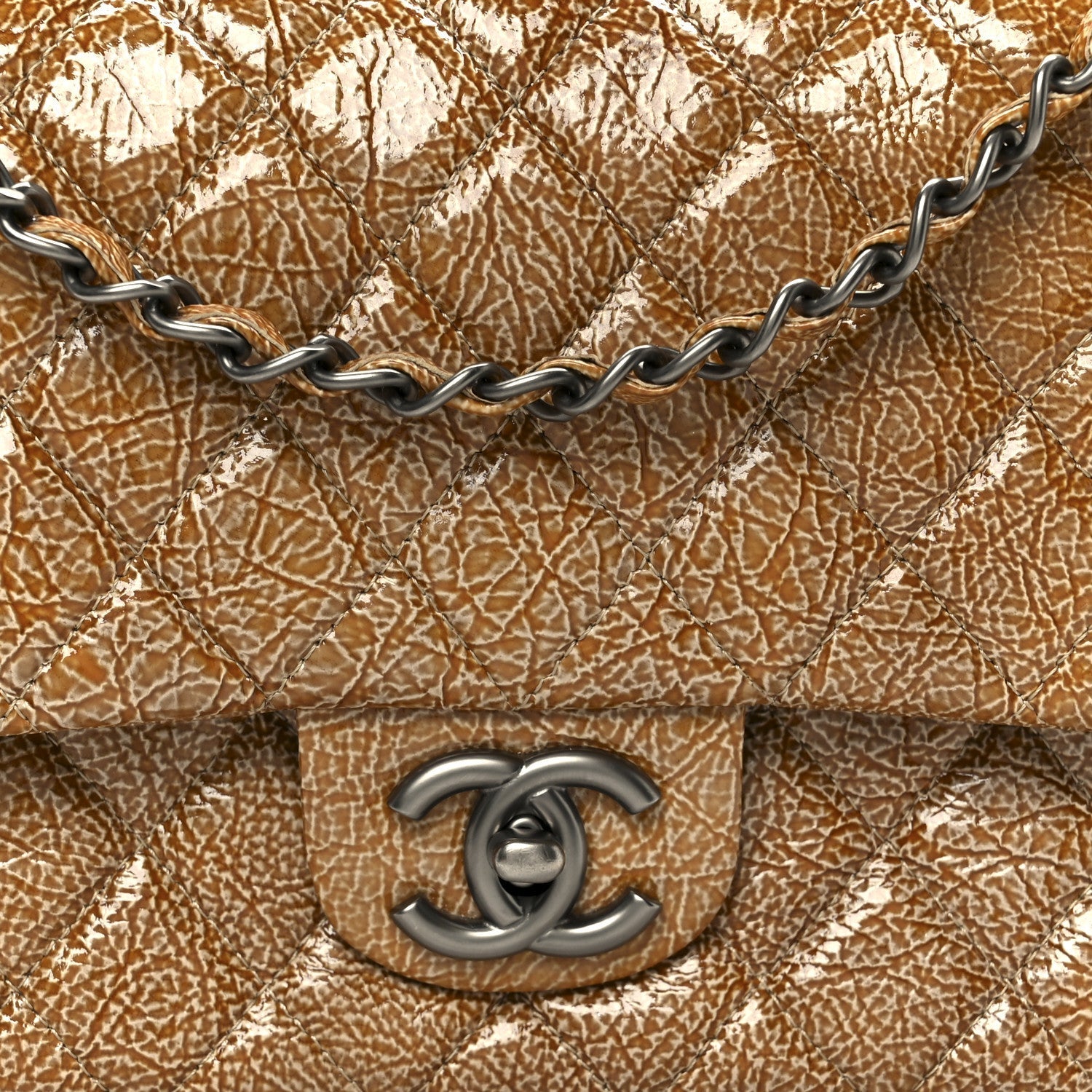 Crinkled Patent Quilted Medium Double Flap Beige