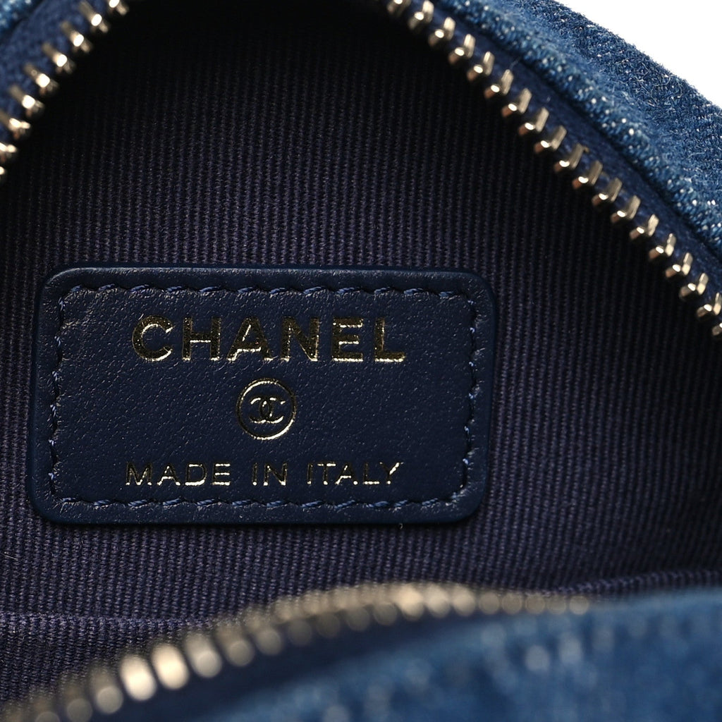 Denim Quilted Chanel 19 Round Clutch With Chain Blue