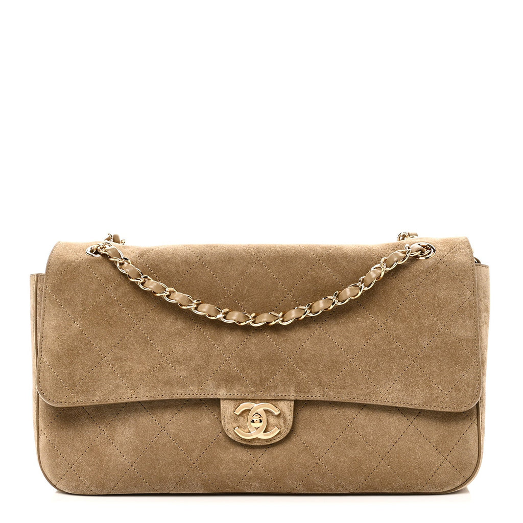 Suede Calfskin Small Souplissimo Maxi Flap Dark Beige