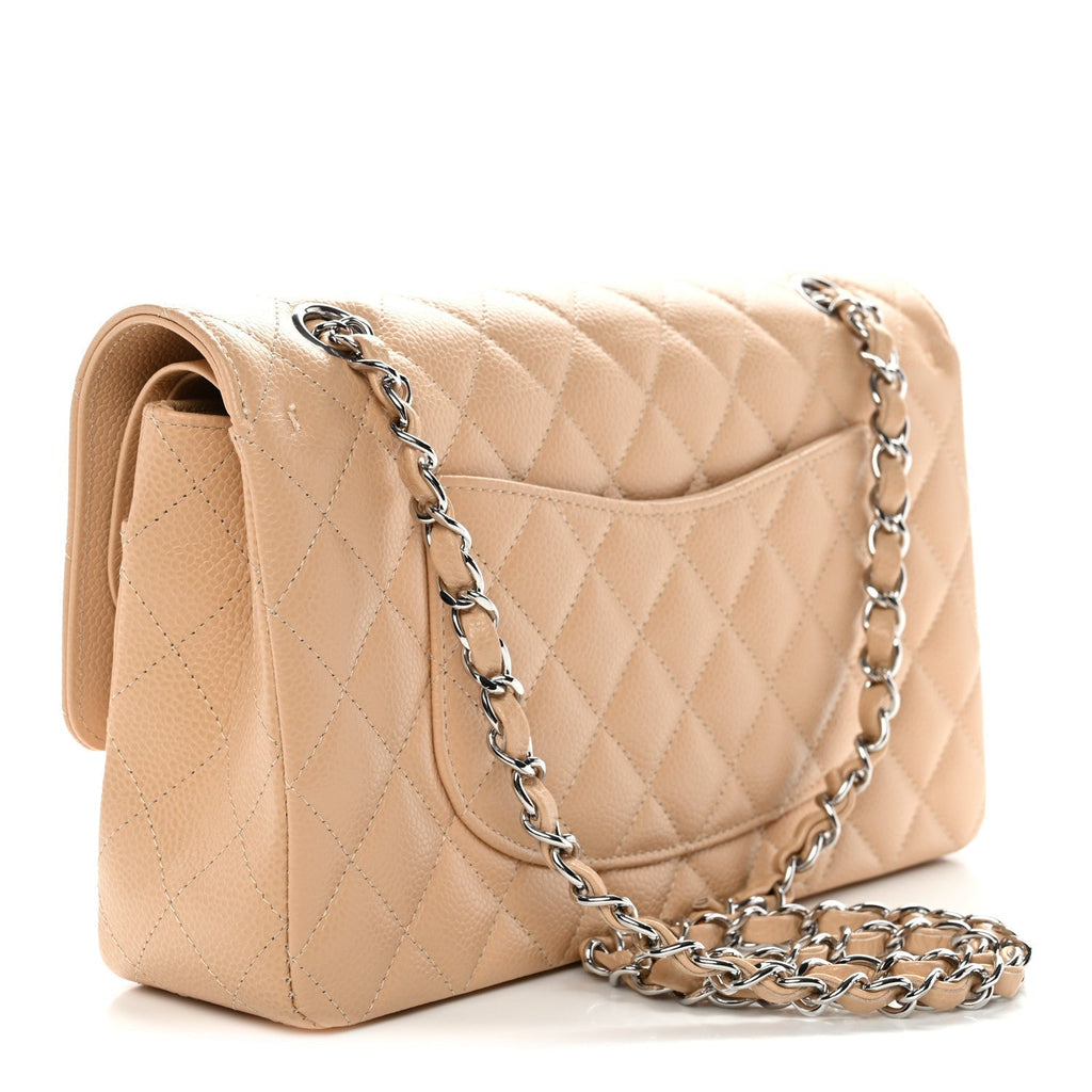 Caviar Quilted Medium Double Flap Beige