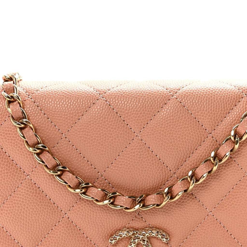 Caviar Quilted Perforated Metal CC Wallet On Chain WOC Beige
