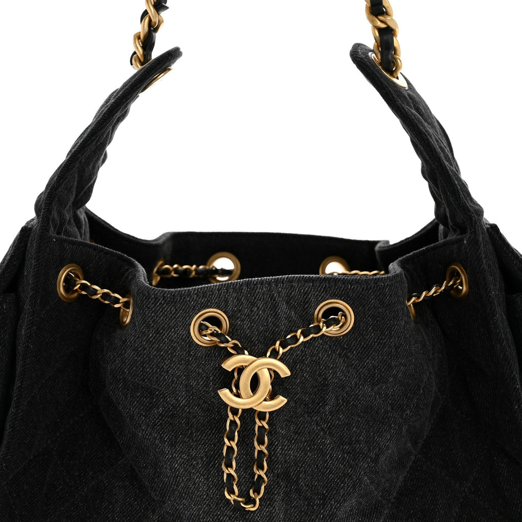 Washed Denim Quilted Small Chanel 25 Handbag Black