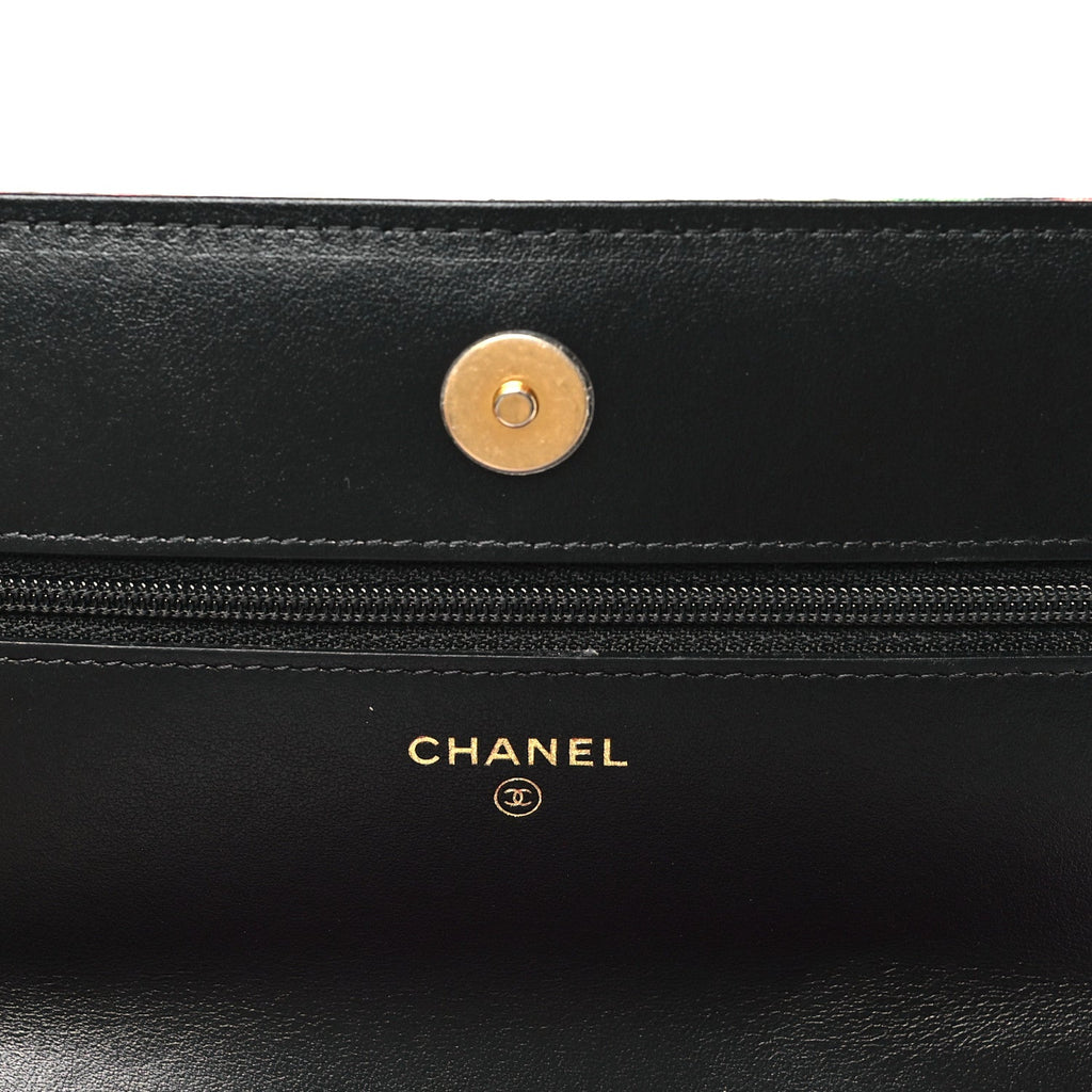Fabric Printed Chanel 19 Wallet On Chain WOC Black Multicolor