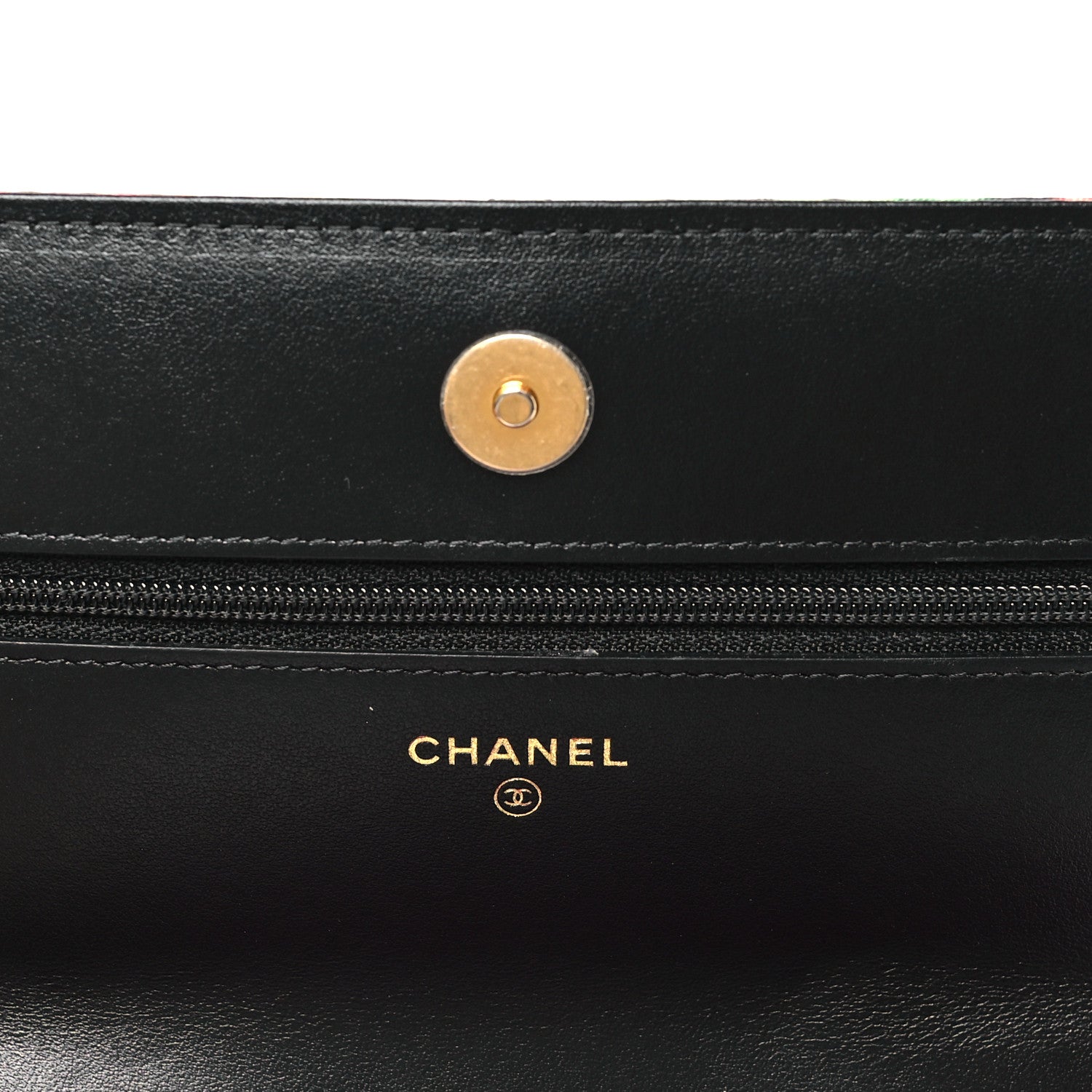 Fabric Printed Chanel 19 Wallet On Chain WOC Black Multicolor