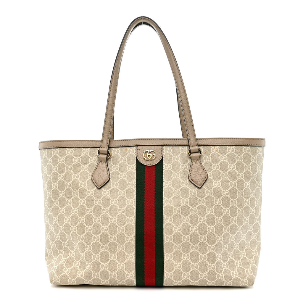 GG Supreme Monogram Textured Dollar Calfskin Web Medium Ophidia Shopping Tote Beige Mystic White Oatmeal