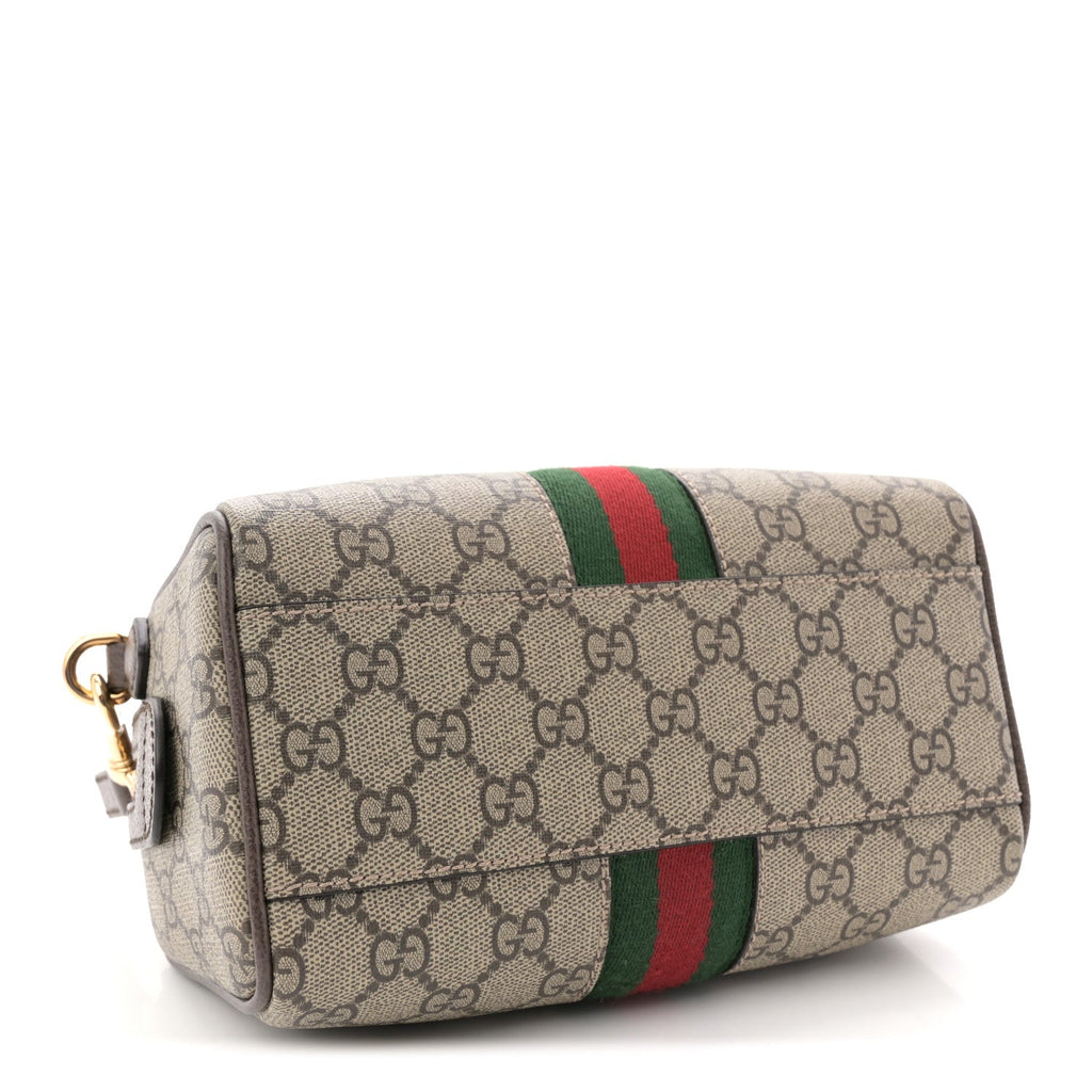 GG Supreme Monogram Textured Dollar Calfskin Web Mini Ophidia Top Handle Bag Beige Ebony New Acero