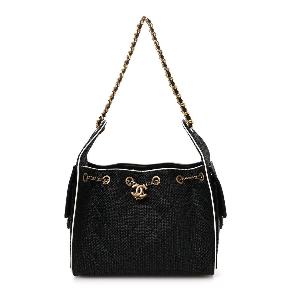 Braided Raffia Calfskin Small Chanel 25 Handbag Black White