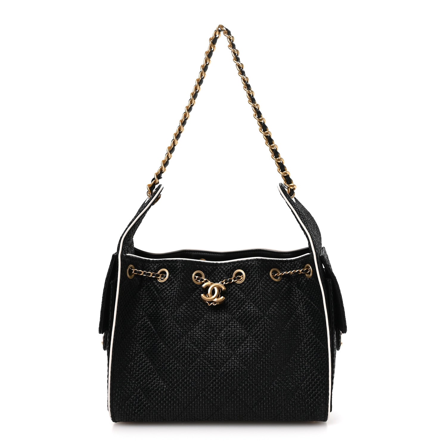 Braided Raffia Calfskin Small Chanel 25 Handbag Black White