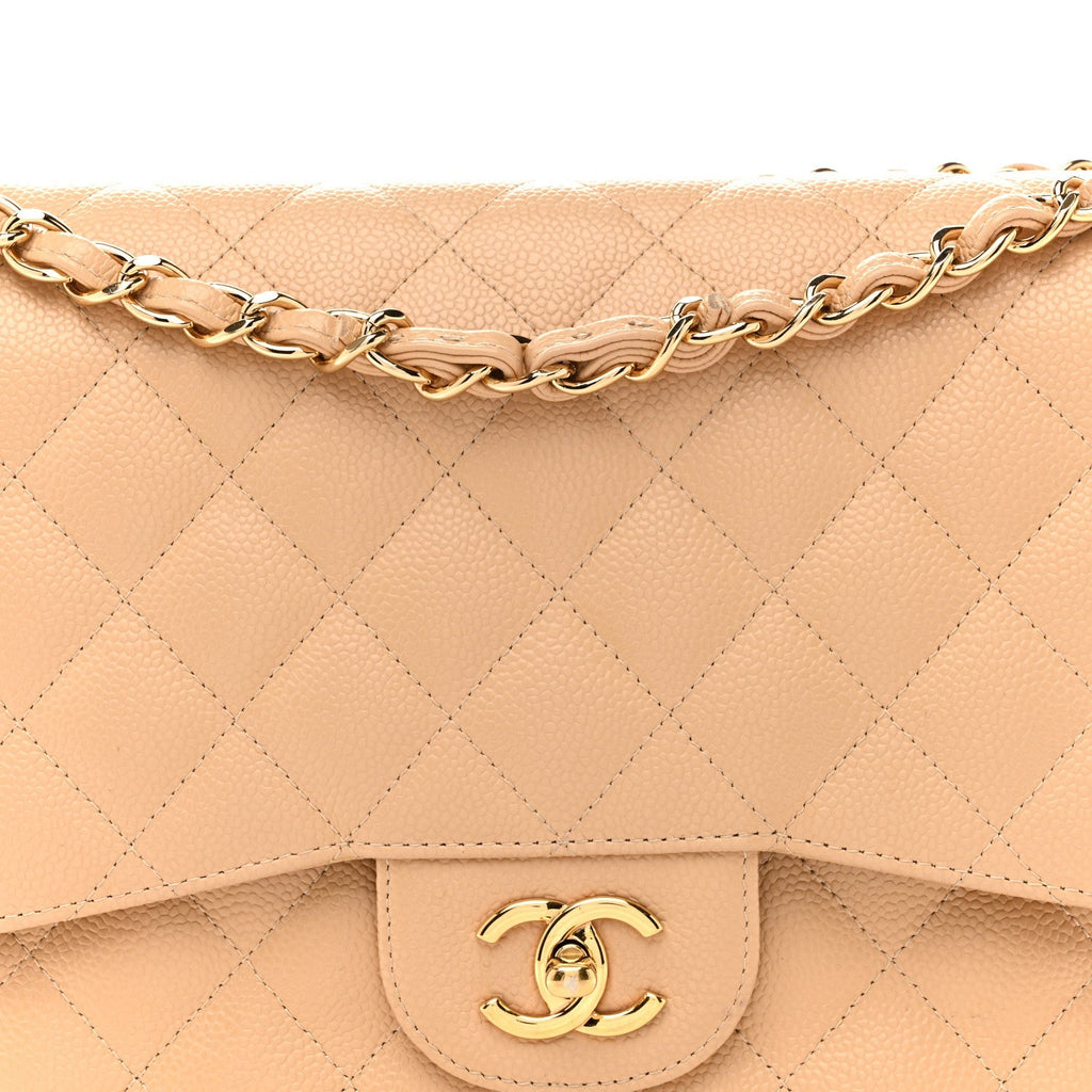 Caviar Quilted Jumbo Double Flap Beige