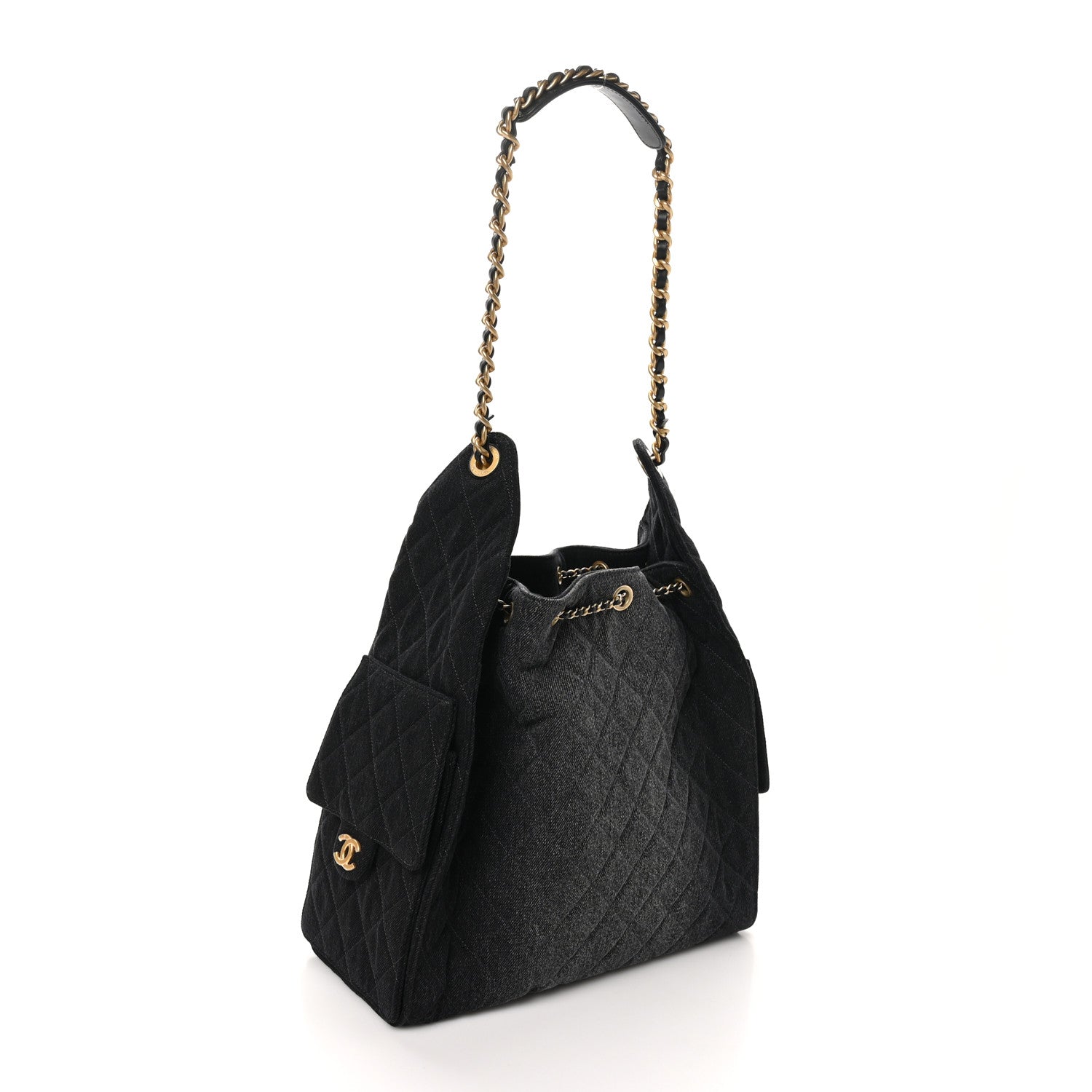 Washed Denim Quilted Medium Chanel 25 Handbag Black