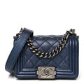 Metallic Calfskin Quilted Mini Boy Flap Blue