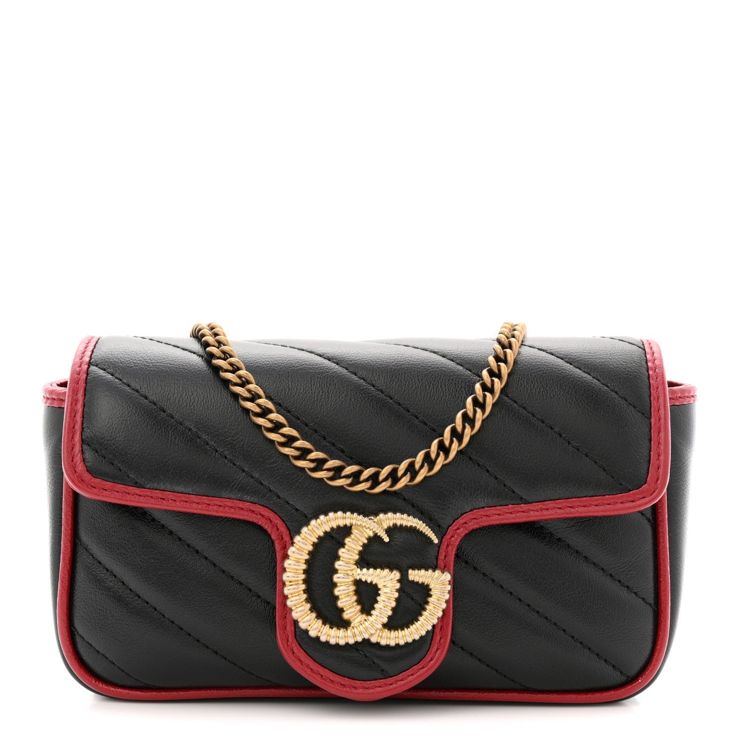 Vintage Effect Calfskin Matelasse Diagonal Super Mini Torchon GG Marmont Shoulder Bag Black Romantic Cherry