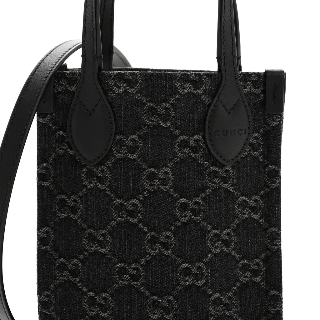 Denim Cuoio Harness GG Monogram Mini Ophidia Tote Bag Black Medium Grey