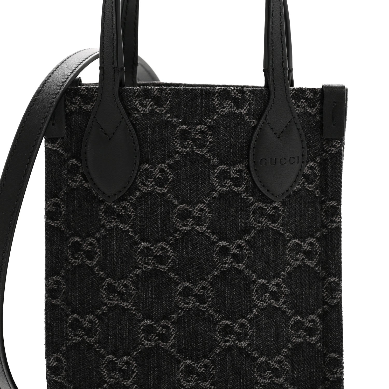 Denim Cuoio Harness GG Monogram Mini Ophidia Tote Bag Black Medium Grey