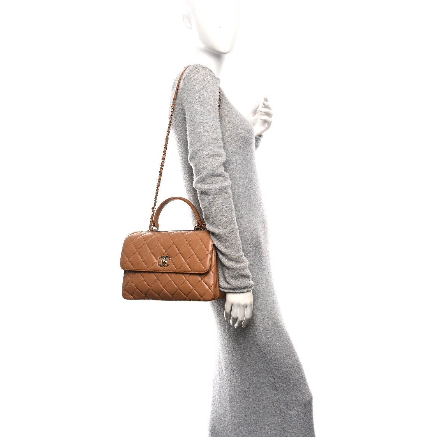 Lambskin Quilted Medium Trendy CC Flap Dual Handle Bag Camel