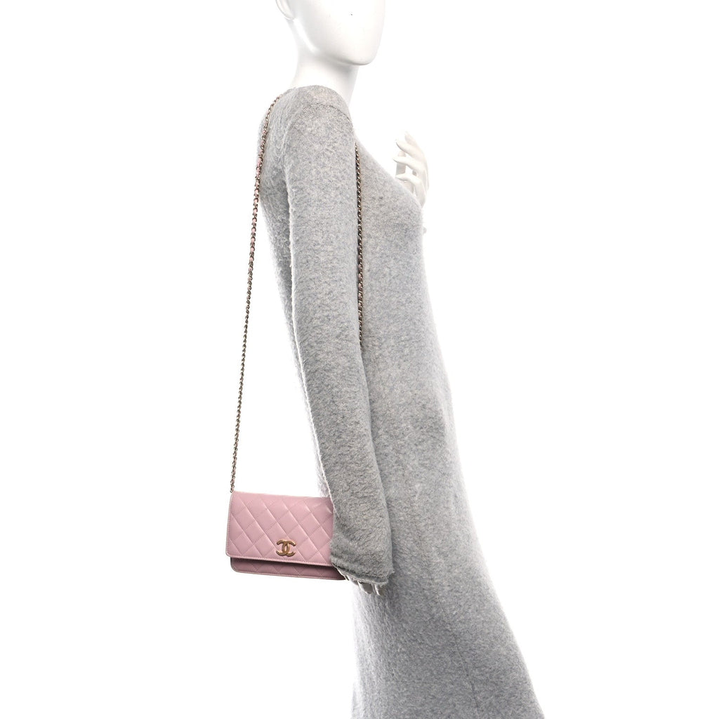 Caviar Quilted Studded CC Wallet on Chain WOC Light Pink