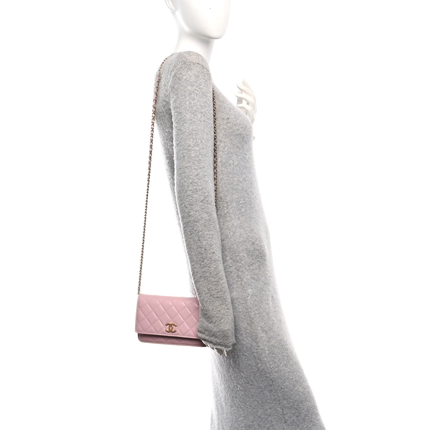 Caviar Quilted Studded CC Wallet on Chain WOC Light Pink