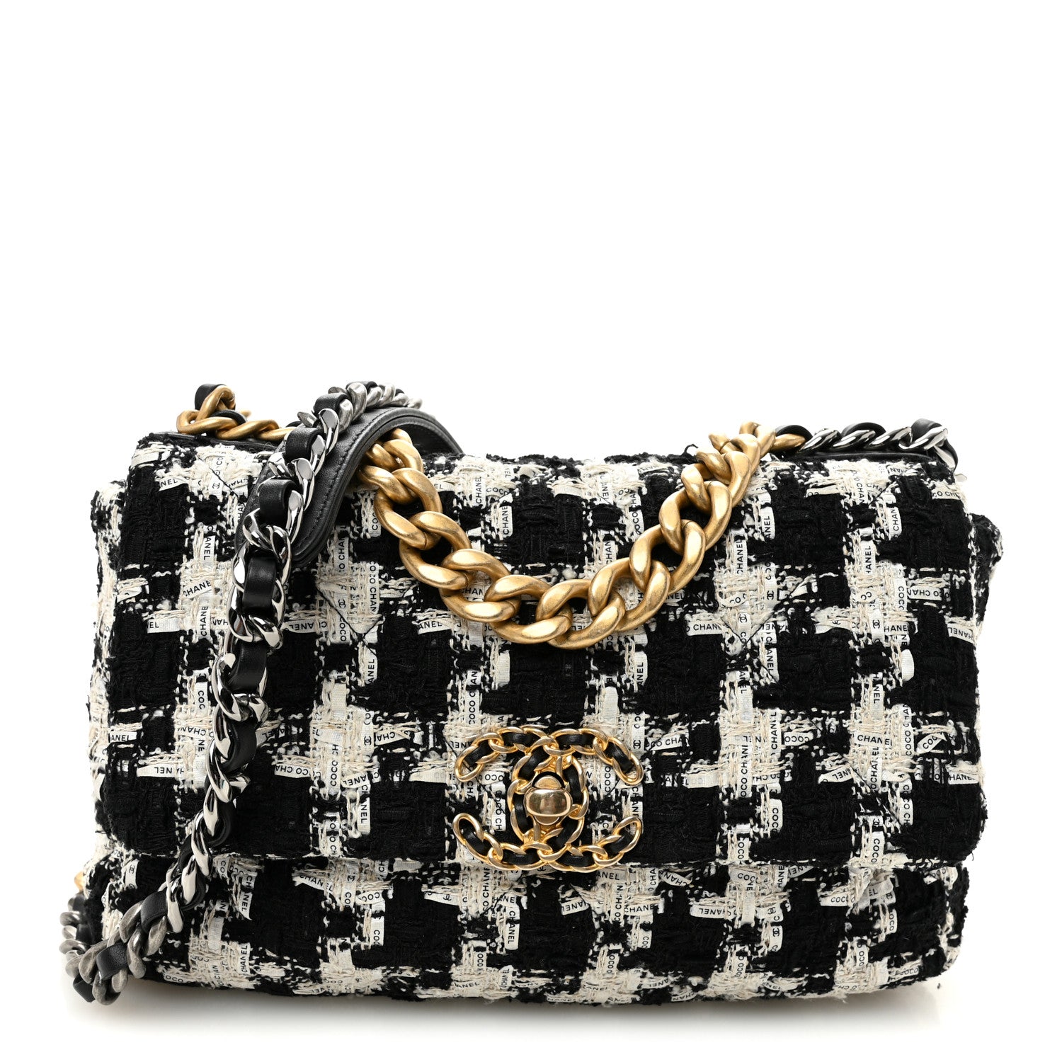 Tweed Quilted Medium Chanel 19 Flap Black Ecru White