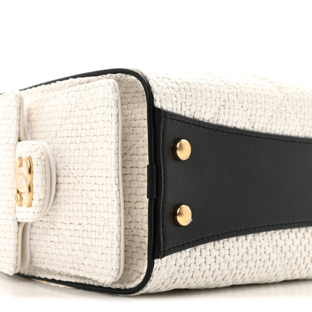 Braided Raffia Calfskin Mini Chanel 25 Handbag White Black