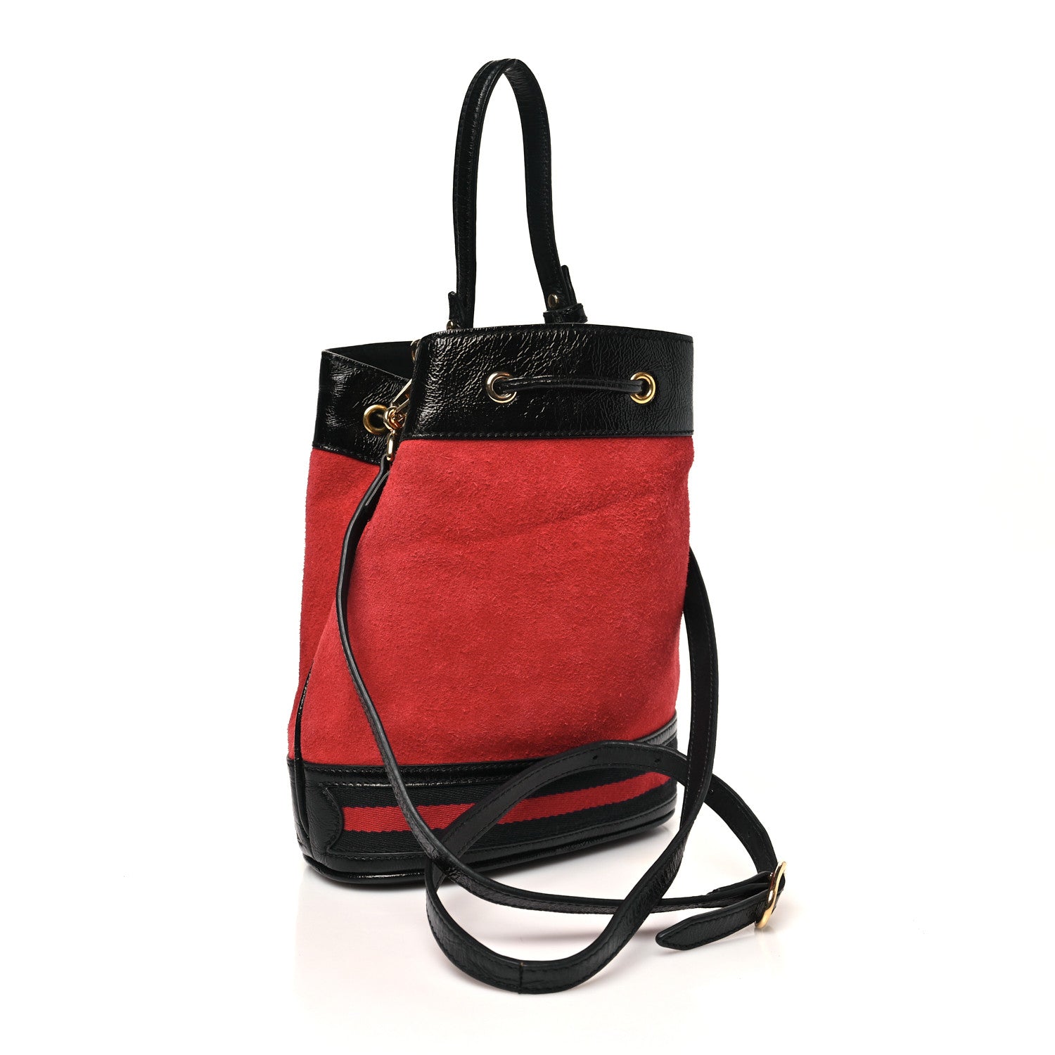 Suede Patent Web Small Ophidia Bucket Bag Hibiscus Red Black