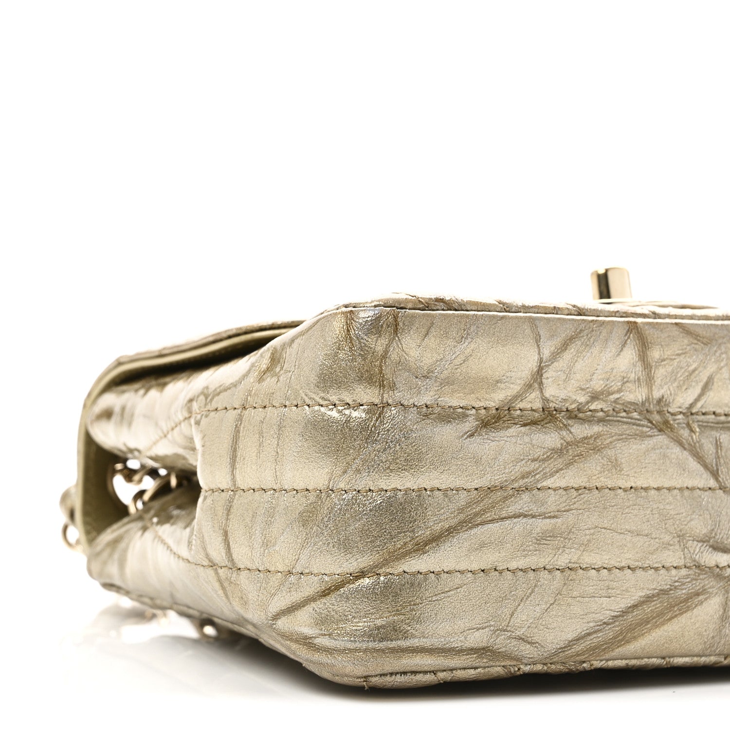 Patent Metallic Crumpled Calfskin Chevron Quilted Mini Square Flap Gold
