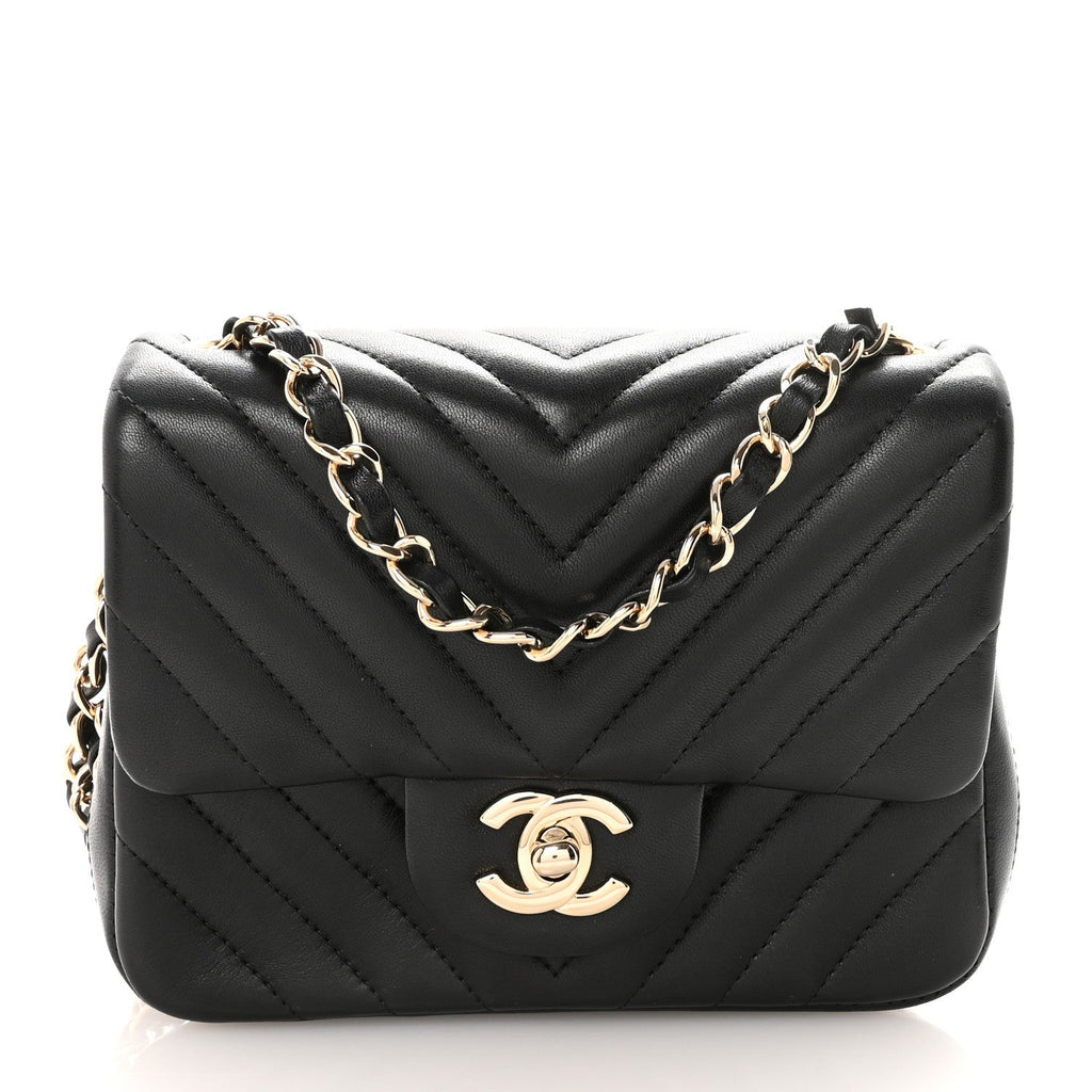 Lambskin Chevron Quilted Mini Square Flap Black