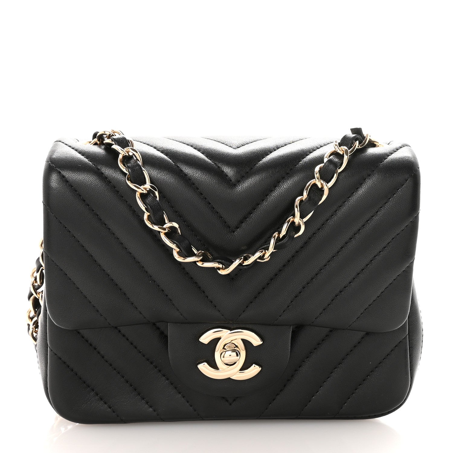 Lambskin Chevron Quilted Mini Square Flap Black