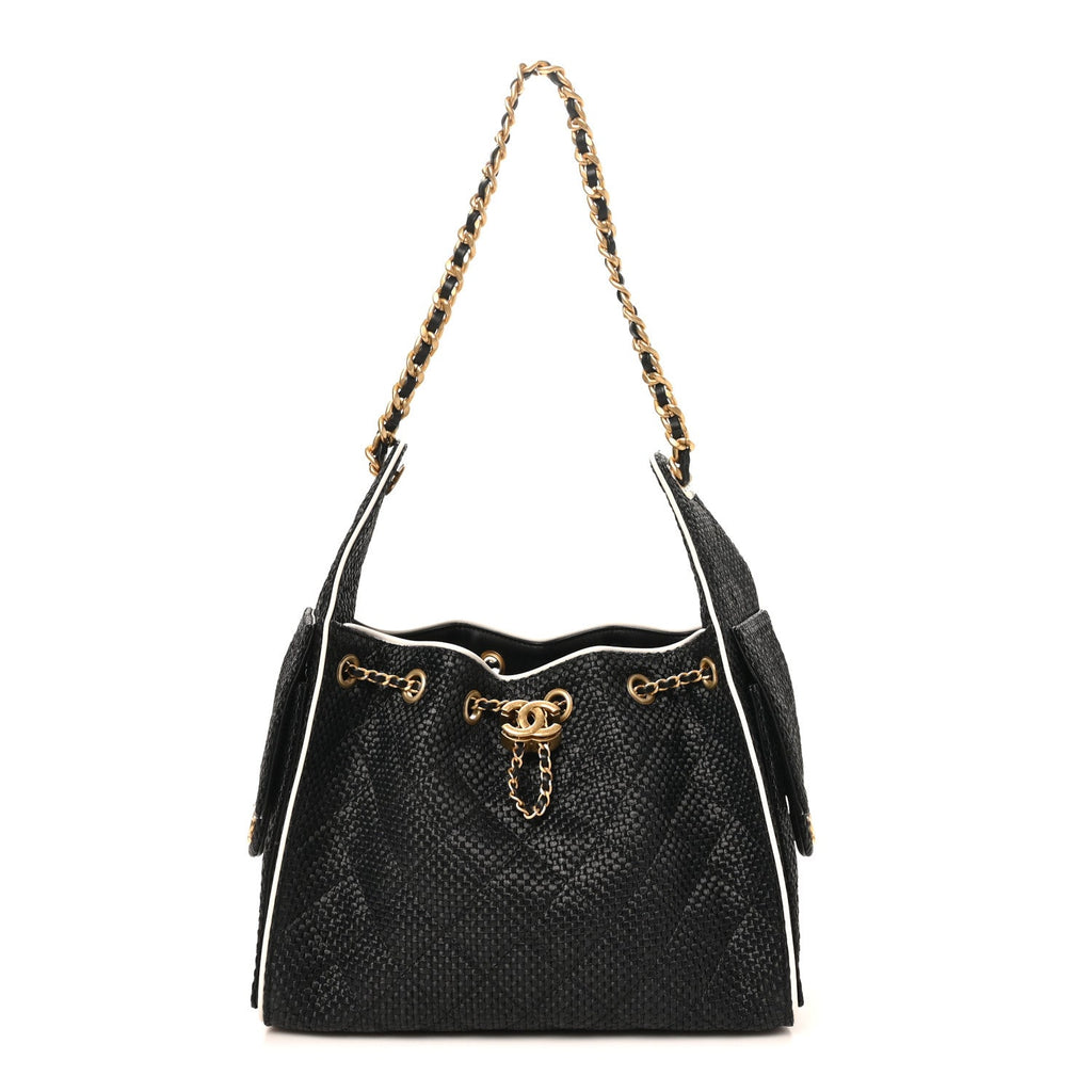 Braided Raffia Calfskin Quilted Small Chanel 25 Handbag Black White