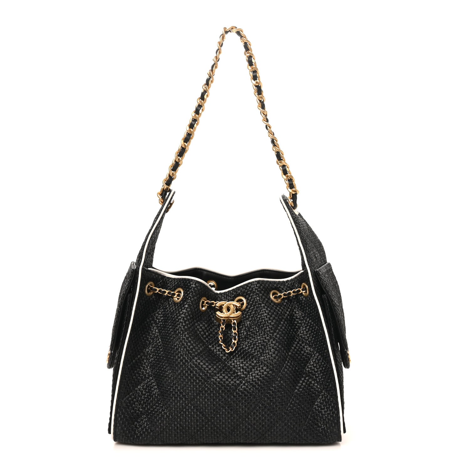 Braided Raffia Calfskin Quilted Small Chanel 25 Handbag Black White