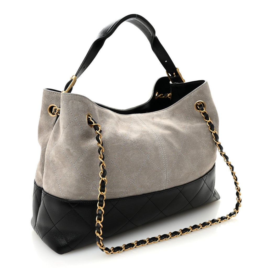 Suede Calfskin Shiny Lambskin Quilted Small Coco Base Shopping Bag Grey Black