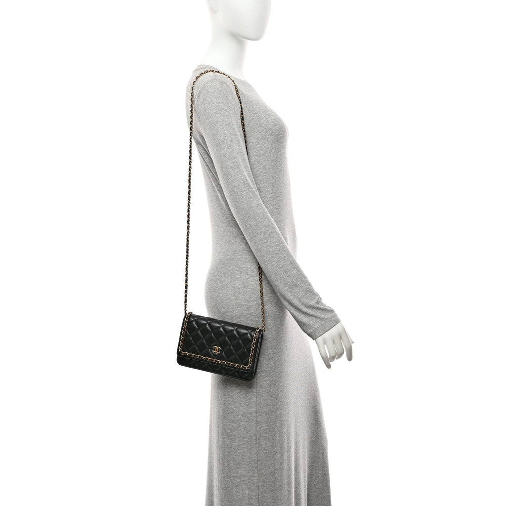 Lambskin Quilted Chain Around Wallet On Chain WOC Black