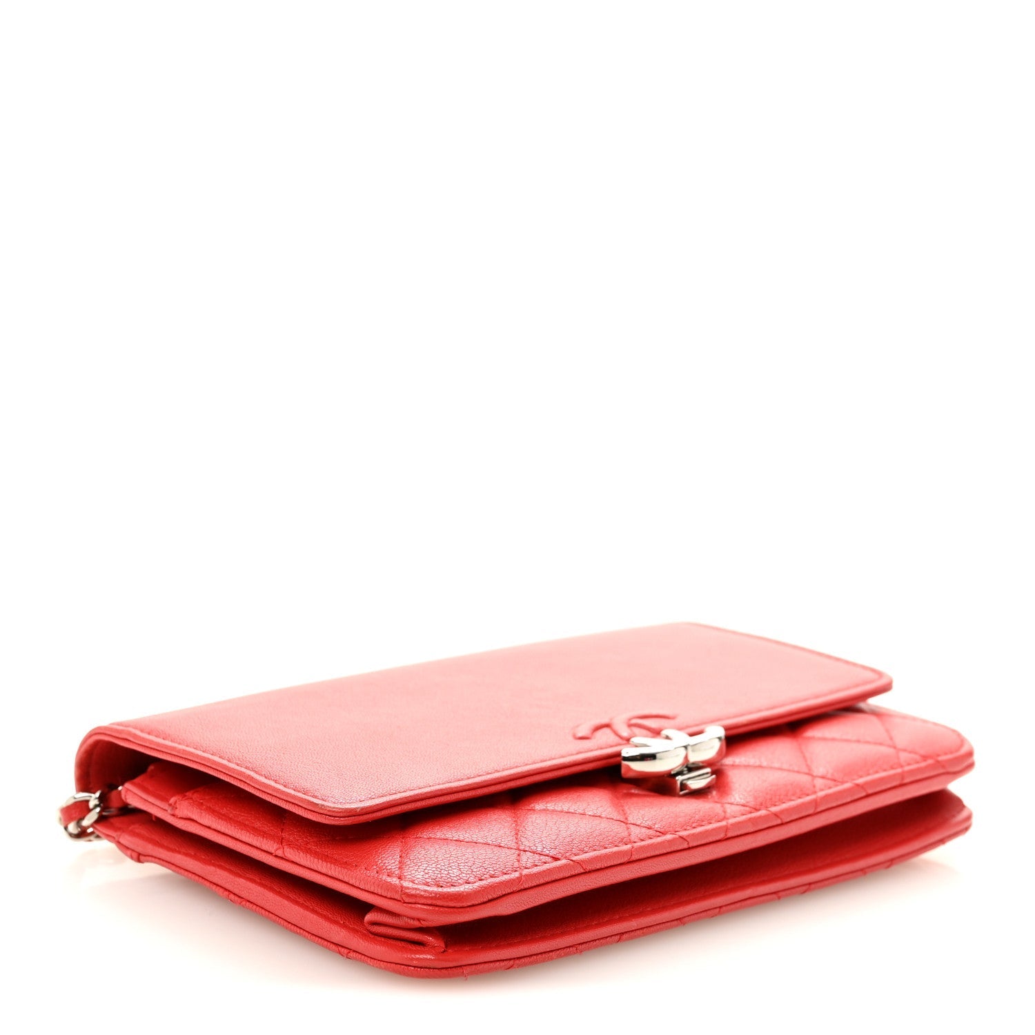 Grained Calfskin Quilted CC Box Wallet On Chain WOC Red