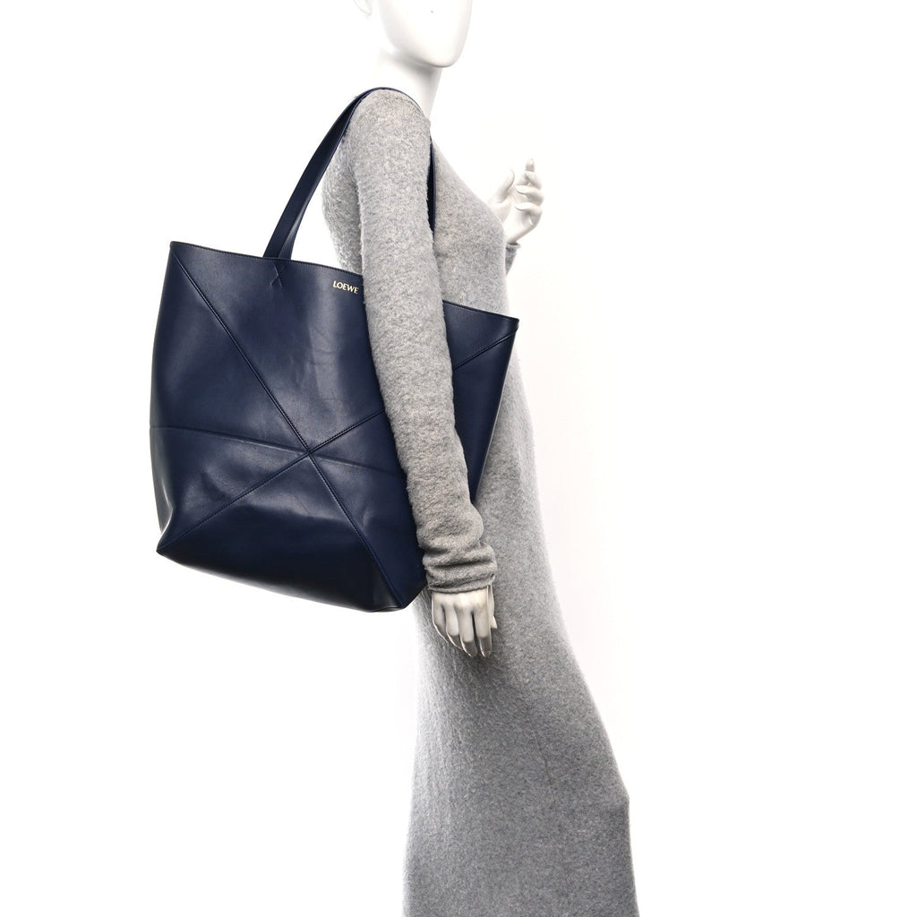 Shiny Calfskin Large Puzzle Fold Tote Abyss Blue