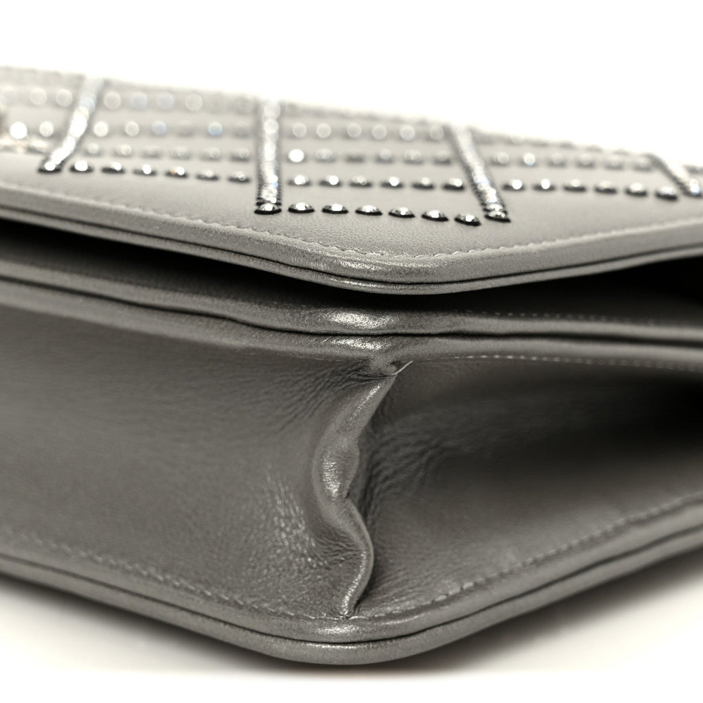 Lambskin Crystal Quilted Wallet On Chain WOC Grey
