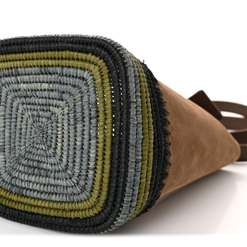 Suede Raffia Striped Mini Pebble Bucket Bag Brown
