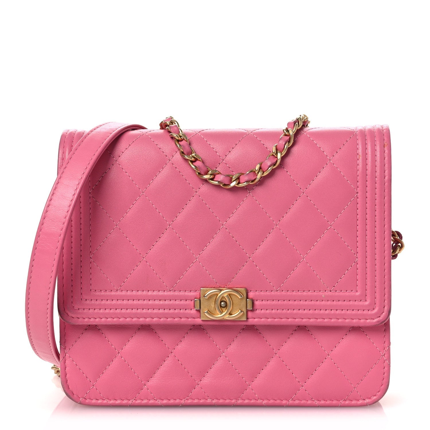 Lambskin Quilted Boy Square Wallet on Chain WOC Pink