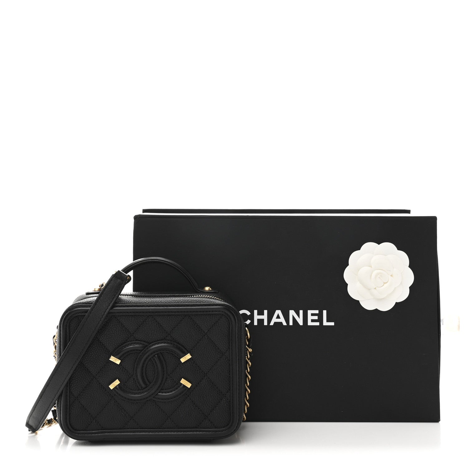 Caviar Quilted Small CC Filigree Vanity Case Black